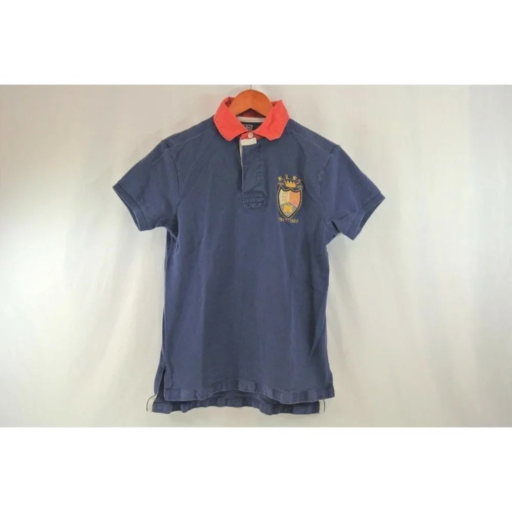 Polo Ralph Lauren Shirt Navy Blue w/ Red Collar RLPC Crest Custom Fit Mens Small